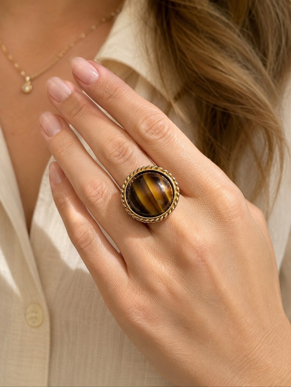 Vintage ESPO 14KT Gold Filled Tiger's Eye Statement Ring Bold Textured Cocktail‎